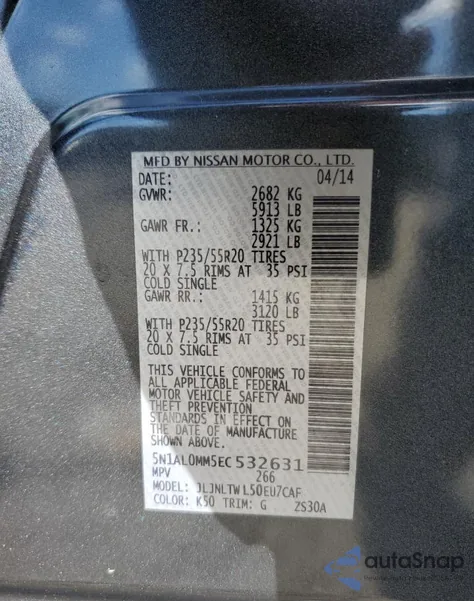 2014 Infiniti Qx60 z USA, uszkodzony, nr VIN 5N1AL0MM5EC532631